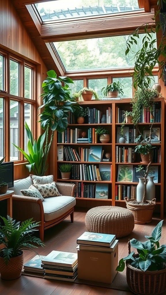 A cozy reading space with plants and a bookshelf, filled with natural light.