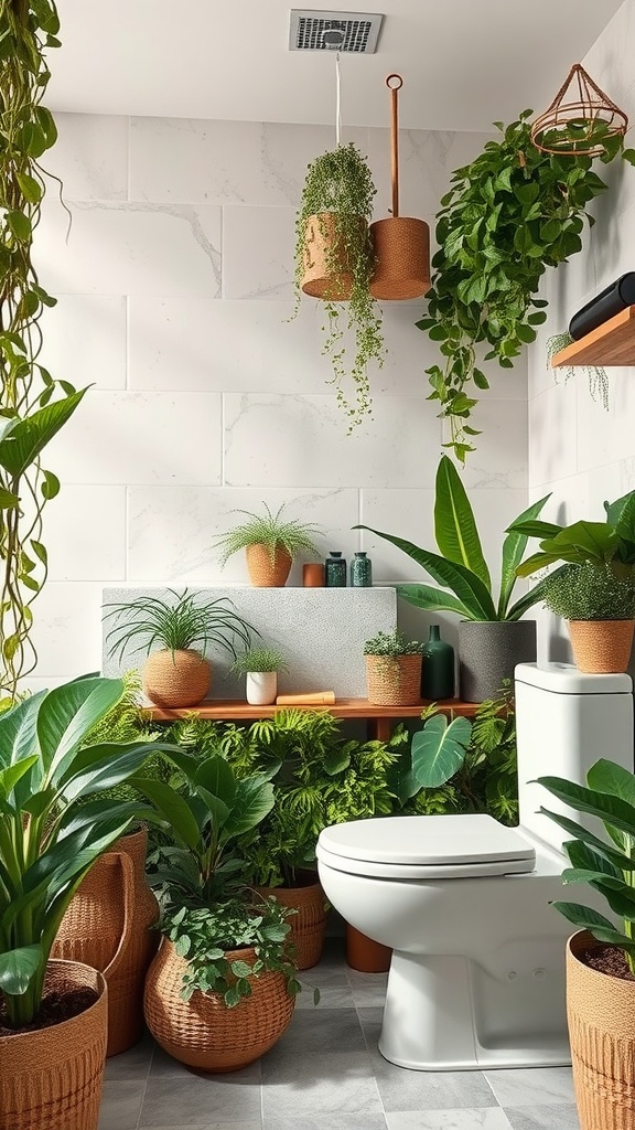 A modern bathroom filled with various plants and earthy tones, showcasing a cozy and nature-inspired design