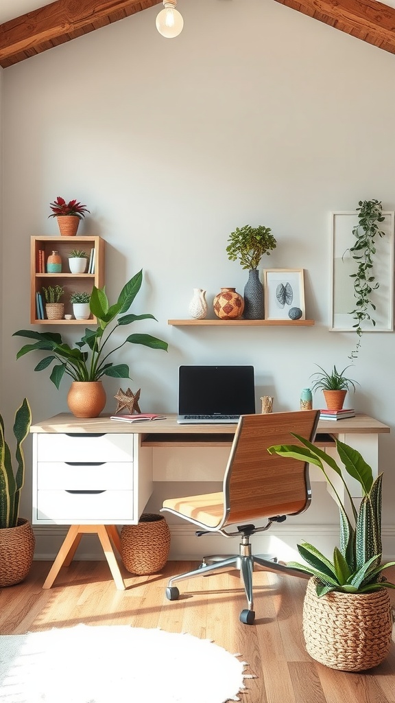 A modern home office with wooden ceiling, plants, a desk, and a computer.