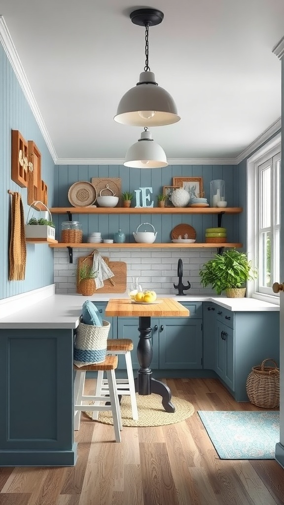 A cozy kitchen nook featuring blue walls, a wooden table, and decorative items, inspired by nautical themes.