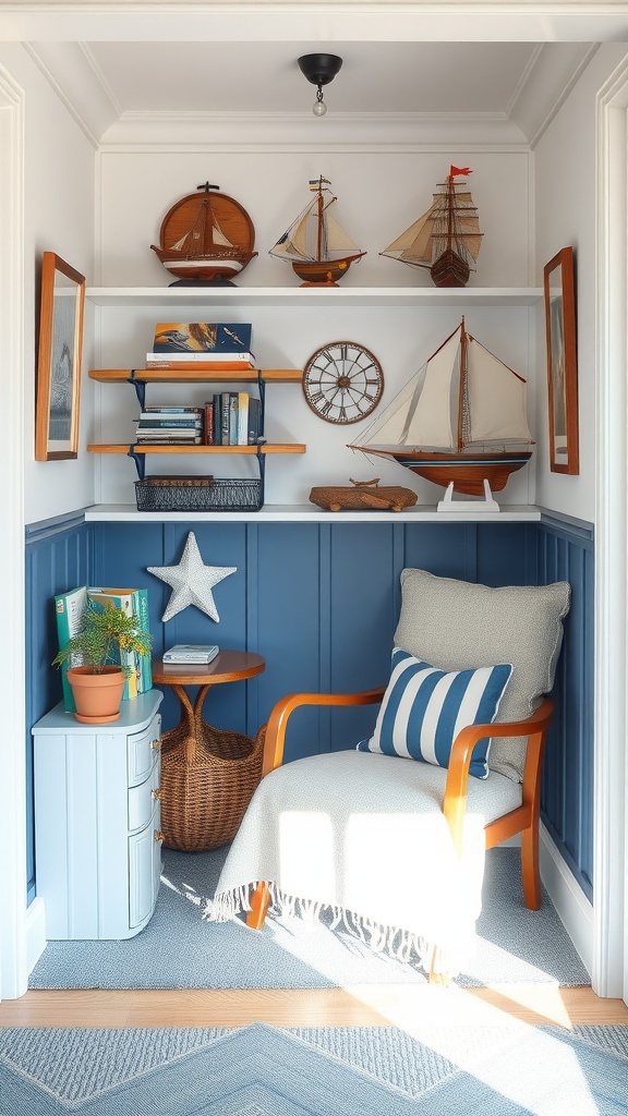 A cozy nautical themed reading nook with blue walls, a comfortable chair, and nautical decor.