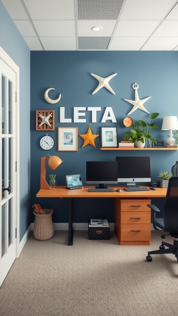 A nautical themed office wall featuring starfish, a crescent moon, and an organized workspace