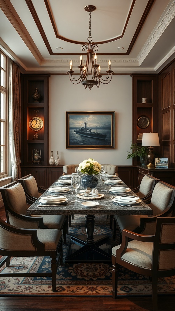 A sophisticated dining room featuring a long table set for dinner with a chandelier and dark wood accents.