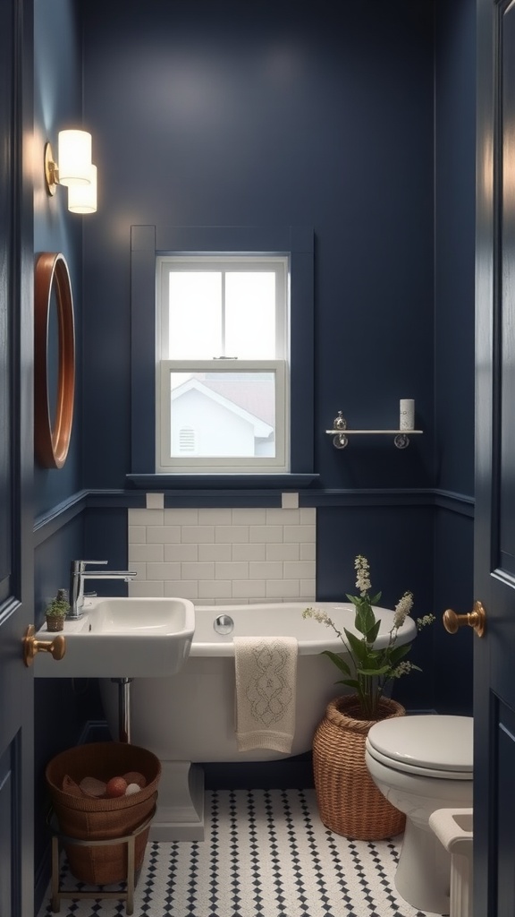 A small bathroom with navy blue walls, a white bathtub, sink, and decorative plants.