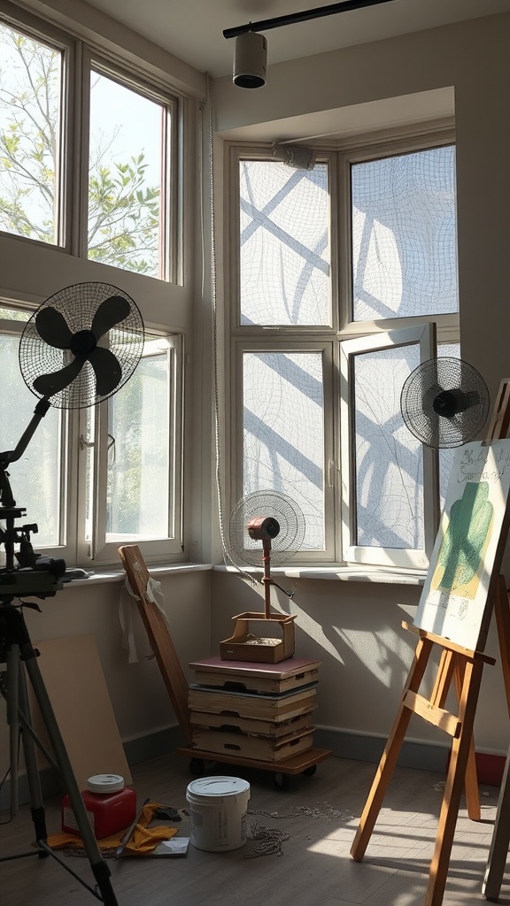 A bright workspace with open windows and fans, perfect for ventilation while painting cabinets.