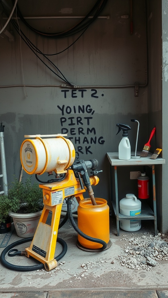 A paint sprayer set up in a messy environment with dust and debris around it.