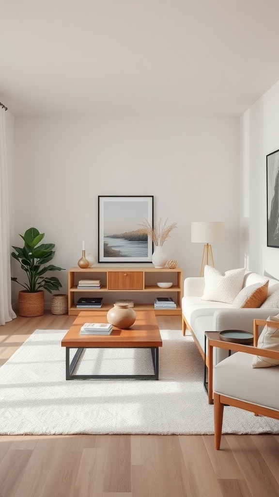 Cozy rustic farmhouse living room with neutral color palette and wooden accents.