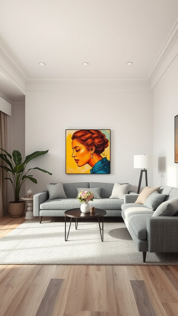 Modern farmhouse living room with gray furniture, vibrant artwork, and green plant.