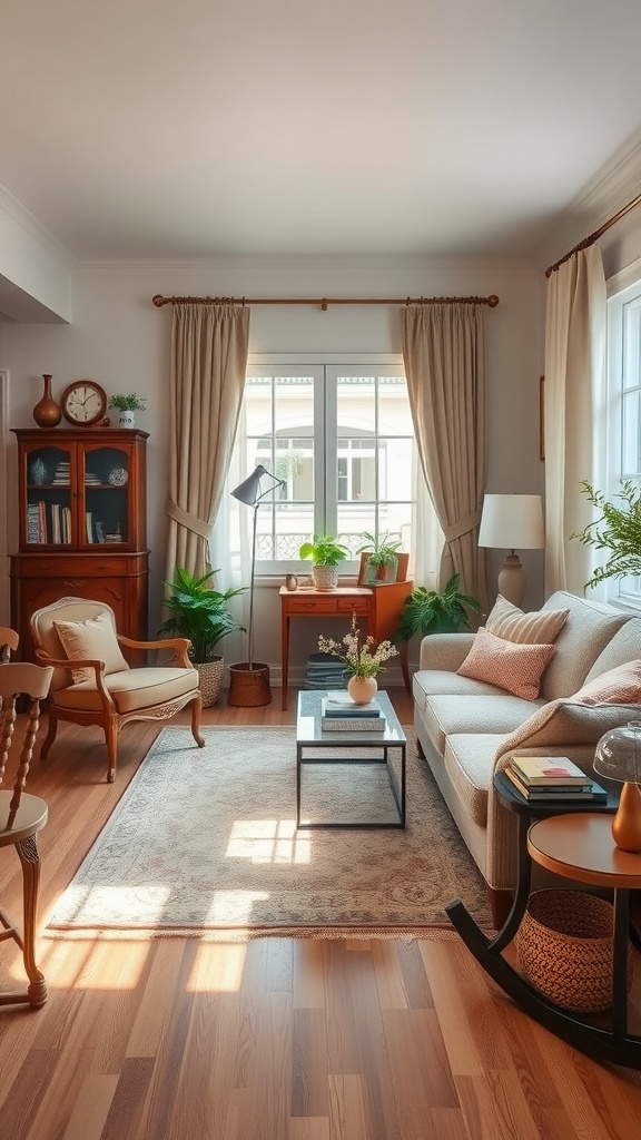 A cozy farmhouse living room featuring a neutral color palette with vintage furniture and plants.