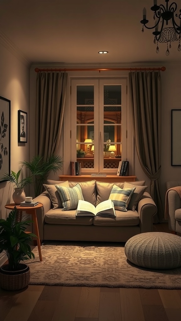 Cozy reading nook with a sofa, open book, plants, and gentle lighting