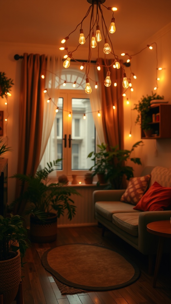 A cozy living room with string lights and plants, featuring warm lighting and a comfortable couch.