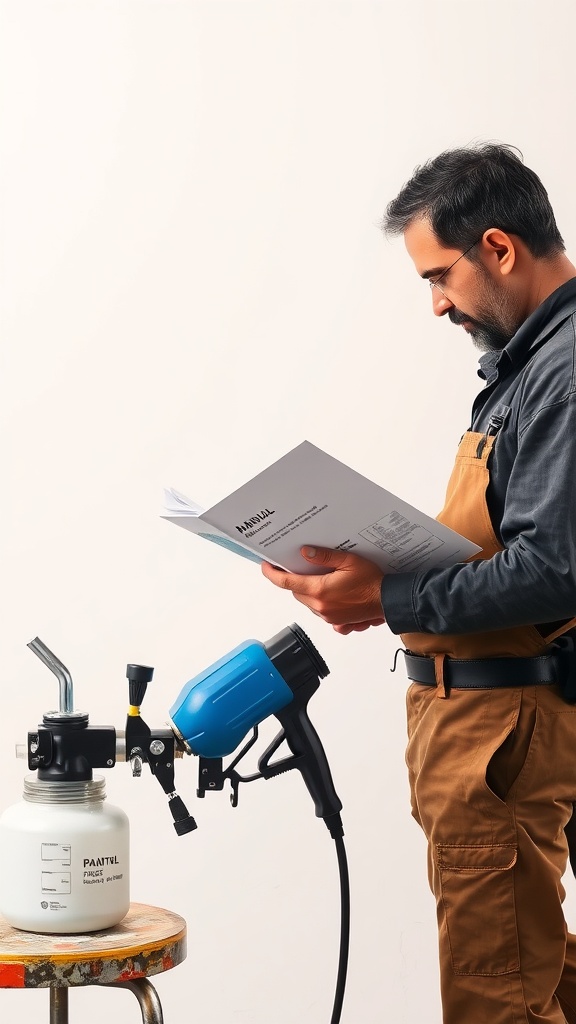 A person reading a manual while preparing a paint sprayer.
