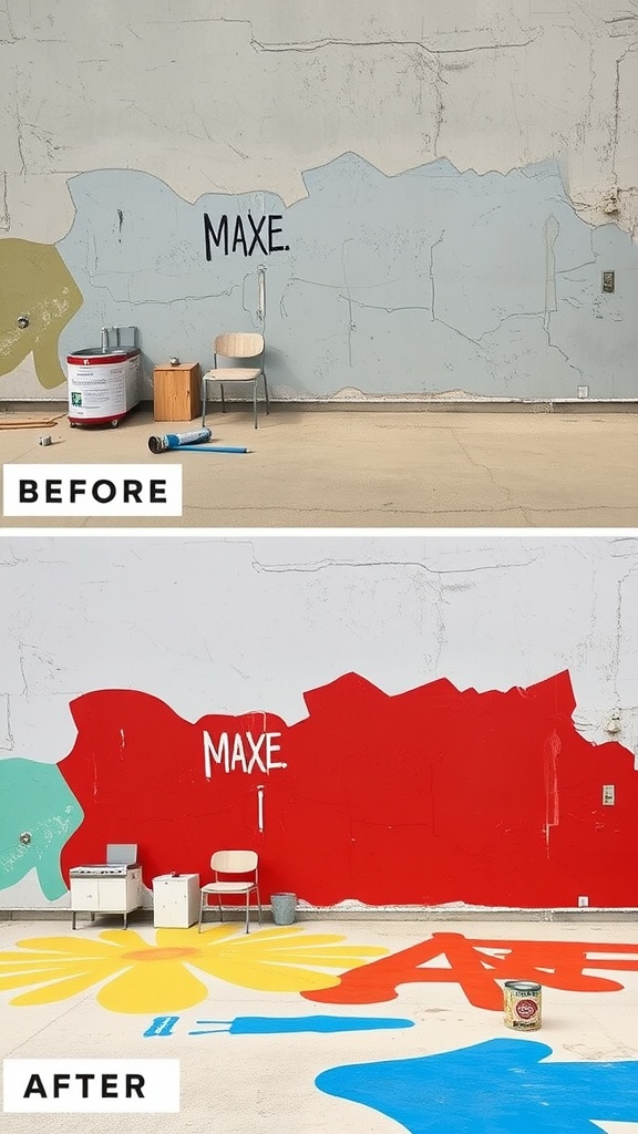 Before and after transformation of a painted wall, showing the importance of surface preparation.