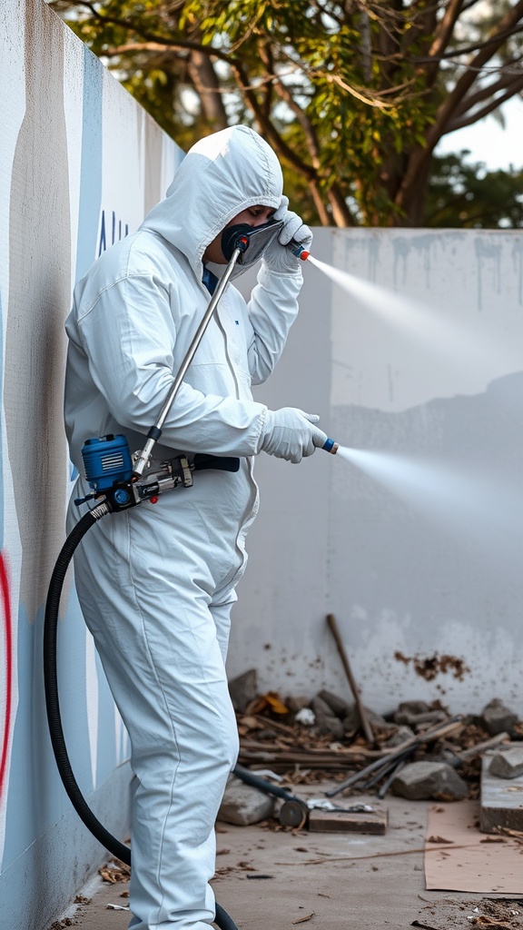 A person wearing protective gear while using a paint sprayer