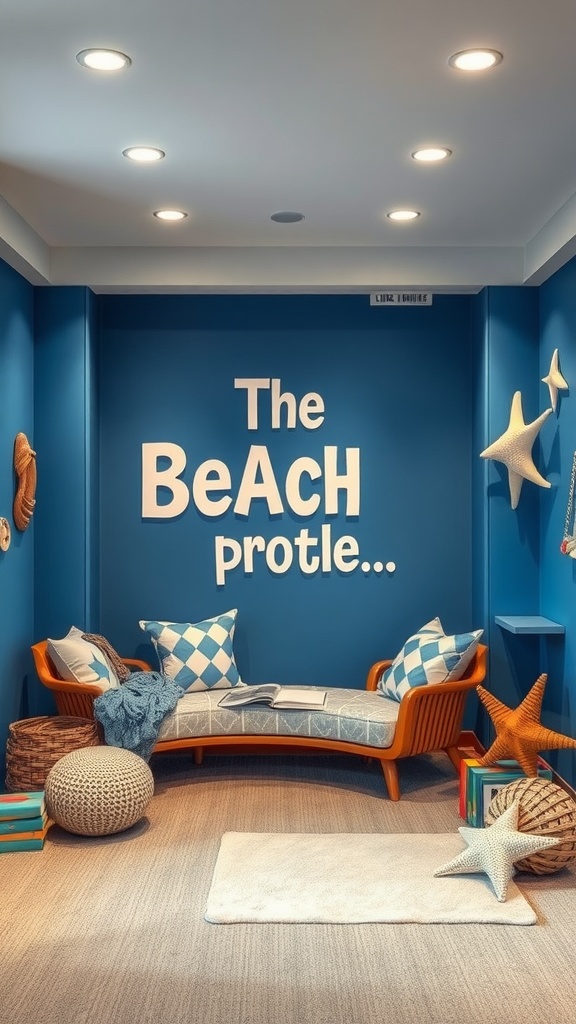 Ocean-themed reading nook with blue walls, cozy couch, and beach decorations.