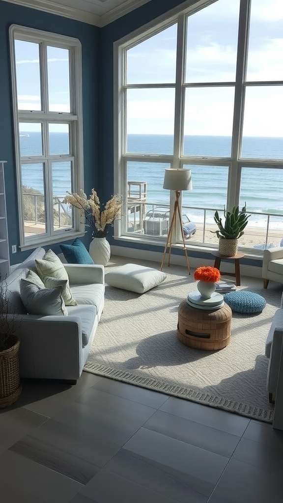 A bright living room with blue-gray walls, large windows overlooking the ocean, and cozy furniture.