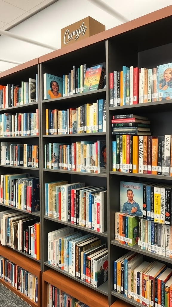 Bookshelves filled with diverse collections in a library