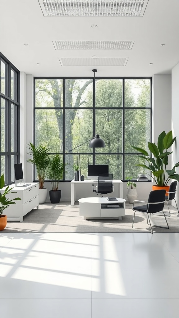 A bright and airy office with large windows, plants, and minimal furniture.