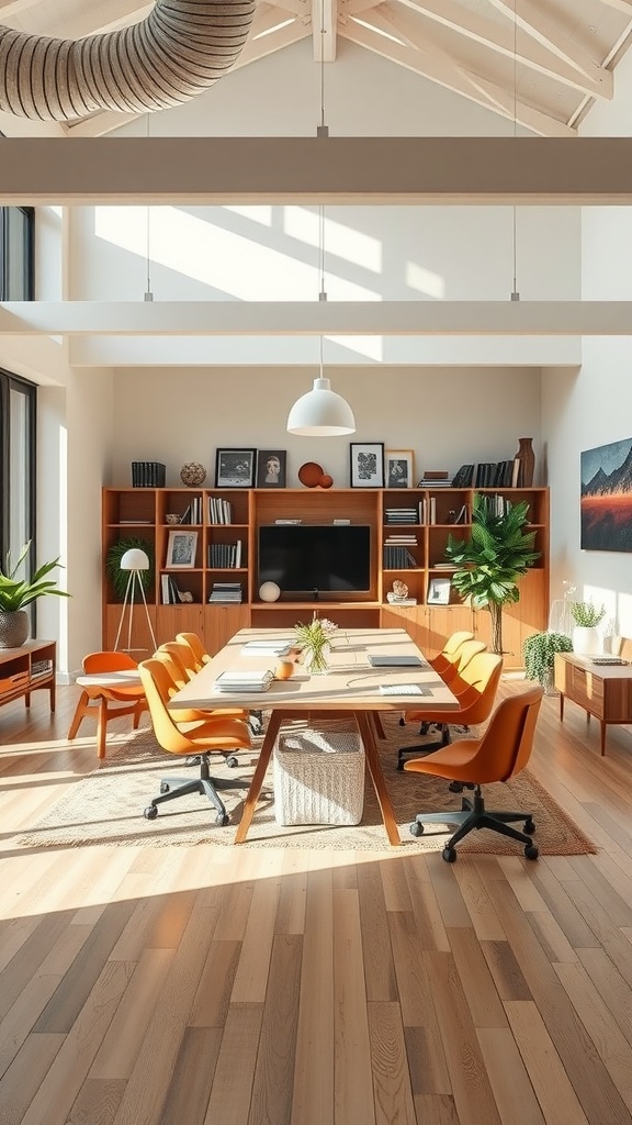 A modern open concept office space featuring a large table with orange chairs, wooden shelves, and natural light.