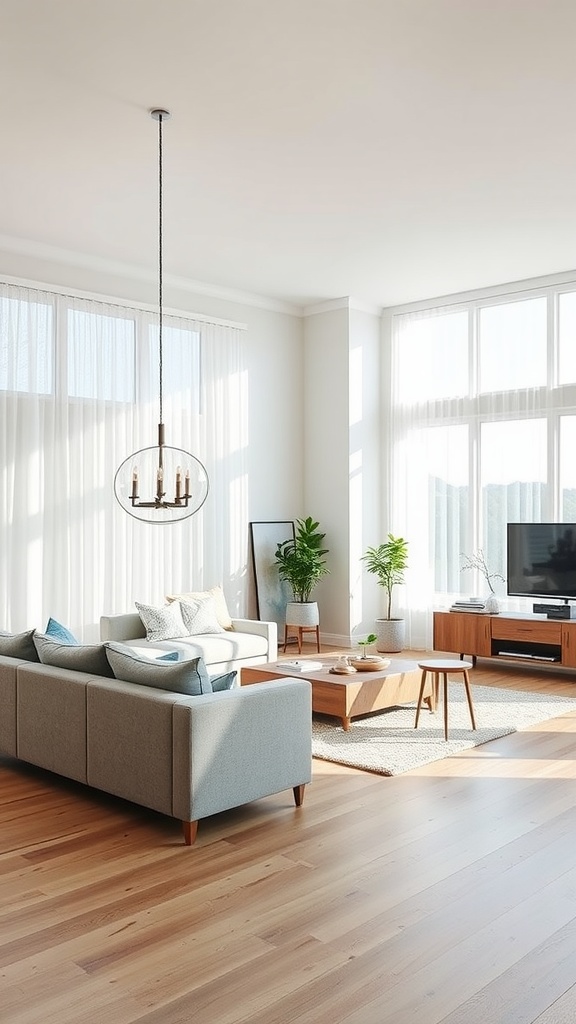 Bright and airy living room-dining room combo with large windows, grey sofa, wooden table, and plants.