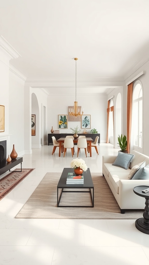 Cozy living room and dining room combo in an open concept design, featuring soft colors, natural light, and stylish furniture.