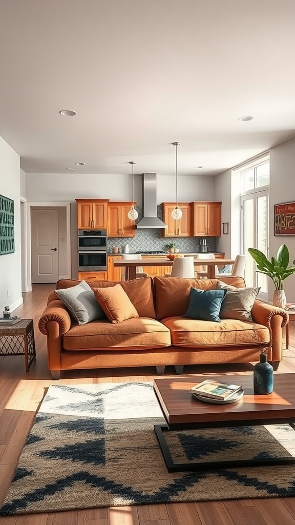 Open concept living room featuring a brown couch as a focal point, with a modern kitchen in the background.