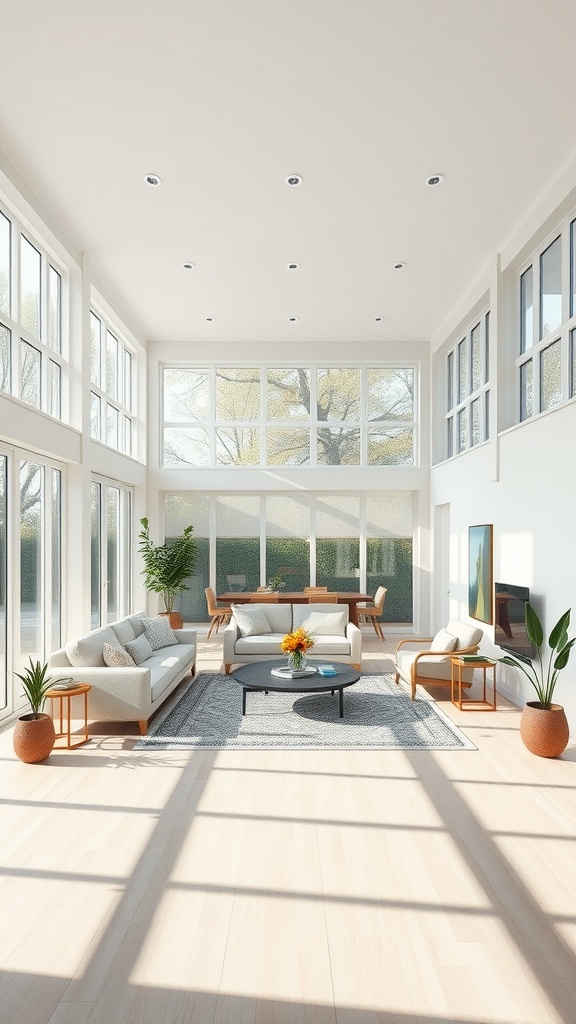 A spacious modern farmhouse living room filled with natural light from large windows, featuring soft furniture, a coffee table with flowers, and potted plants.