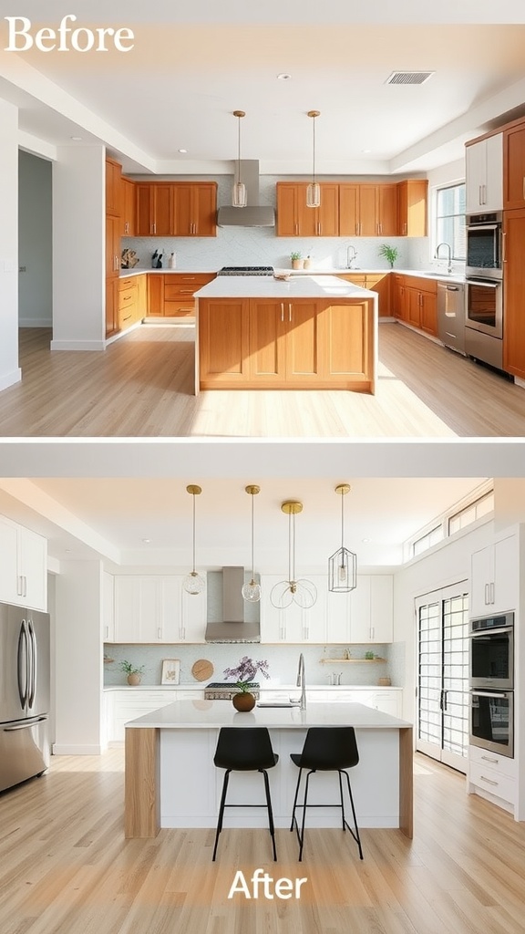 Before and after kitchen remodel showing an open concept transformation.