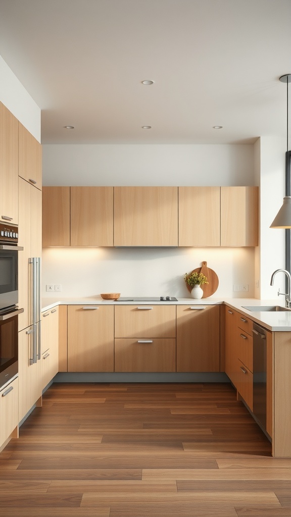 A modern kitchen with wood cabinetry and integrated appliances, featuring a clean and open layout.