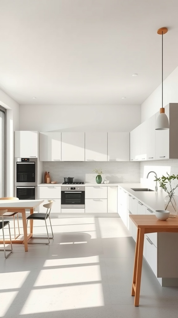 Minimalist open concept kitchen with white cabinets, wood accents, and natural lighting.
