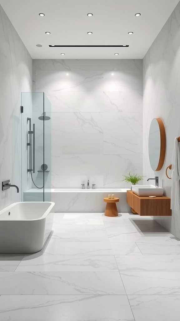 A modern bathroom featuring marble tiles, a freestanding bathtub, glass shower, and wooden accents.