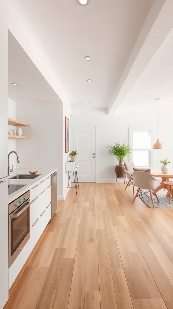 A bright kitchen with an open floor plan leading to a dining area, featuring modern appliances and wooden flooring.