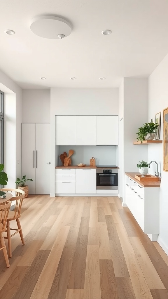 A bright open floor plan kitchen featuring white cabinets and light wood flooring