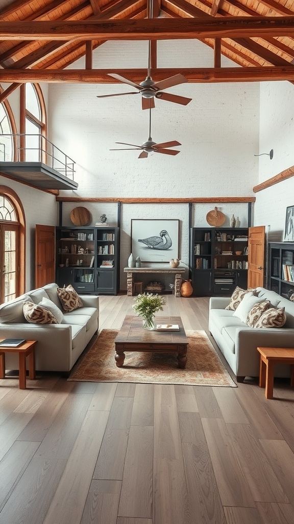 A spacious rustic farmhouse living room with high ceilings, two sofas, and large windows