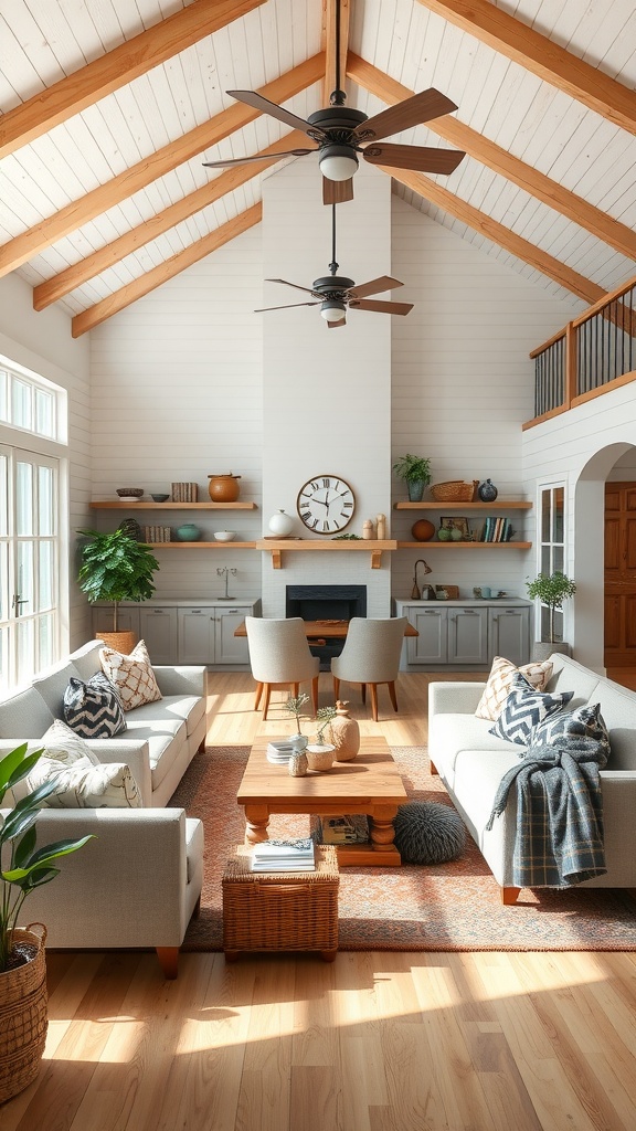 A cozy farmhouse living room with high ceilings, wooden beams, and comfortable seating, perfect for family gatherings.