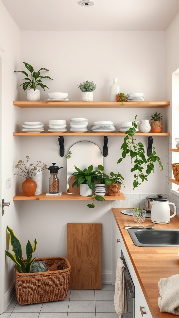 Open shelving in a very small kitchen with plants and neatly arranged dishware.