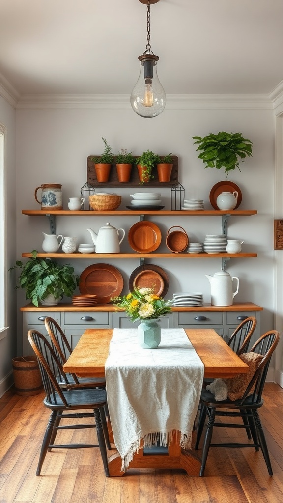 A cozy farmhouse dining room with open shelving displaying plants and dishware.