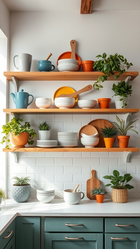 Open kitchen shelving displaying colorful dishes and plants against a light wall.