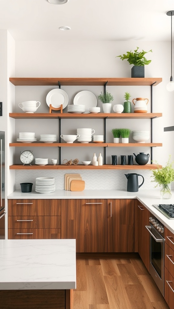 Open shelving displaying dishes and plants in a modern kitchen