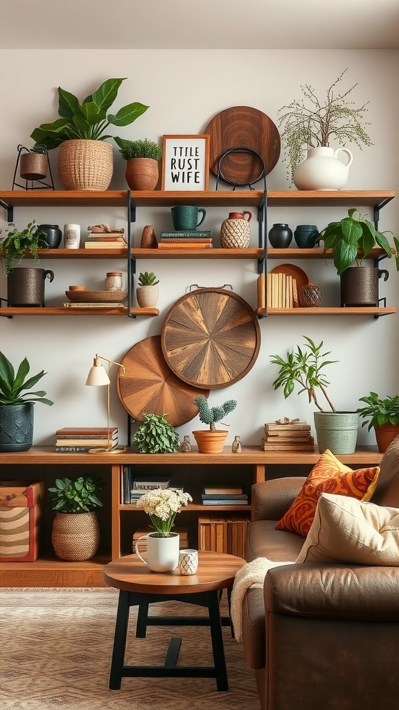 A rustic living room with open shelving displaying plants, pottery, and wooden decor.