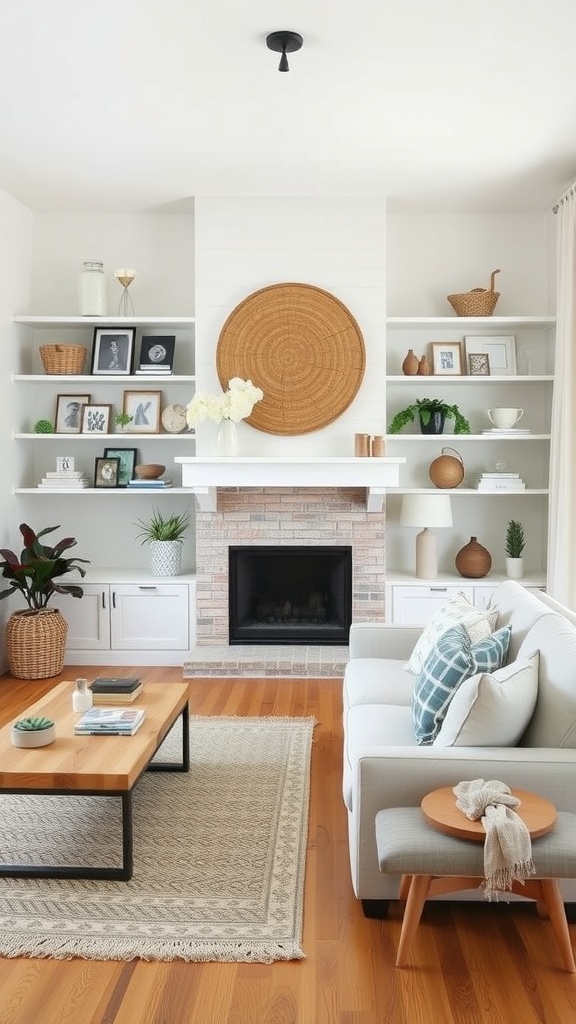 A modern farmhouse living room with open shelving displaying decorative items and a cozy atmosphere