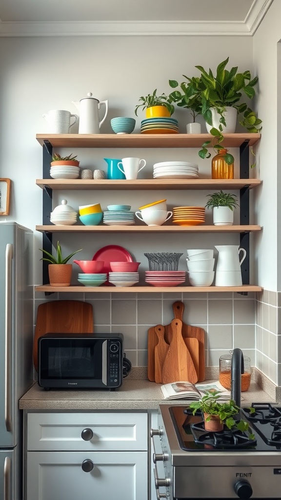 A small apartment kitchen with open shelving displaying colorful dishes and plants.