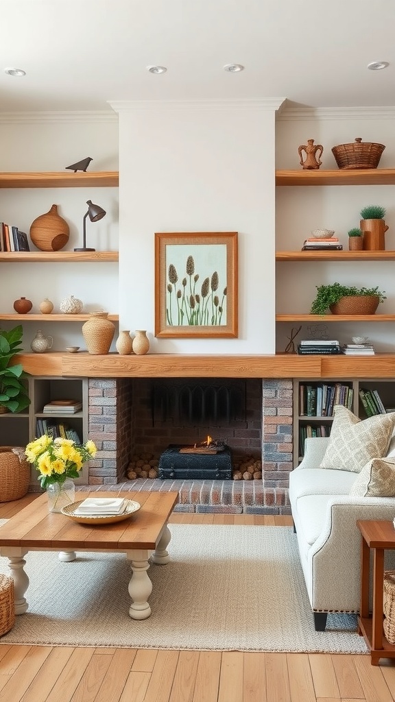 Cozy farmhouse living room with open shelving, a fireplace, and a coffee table.