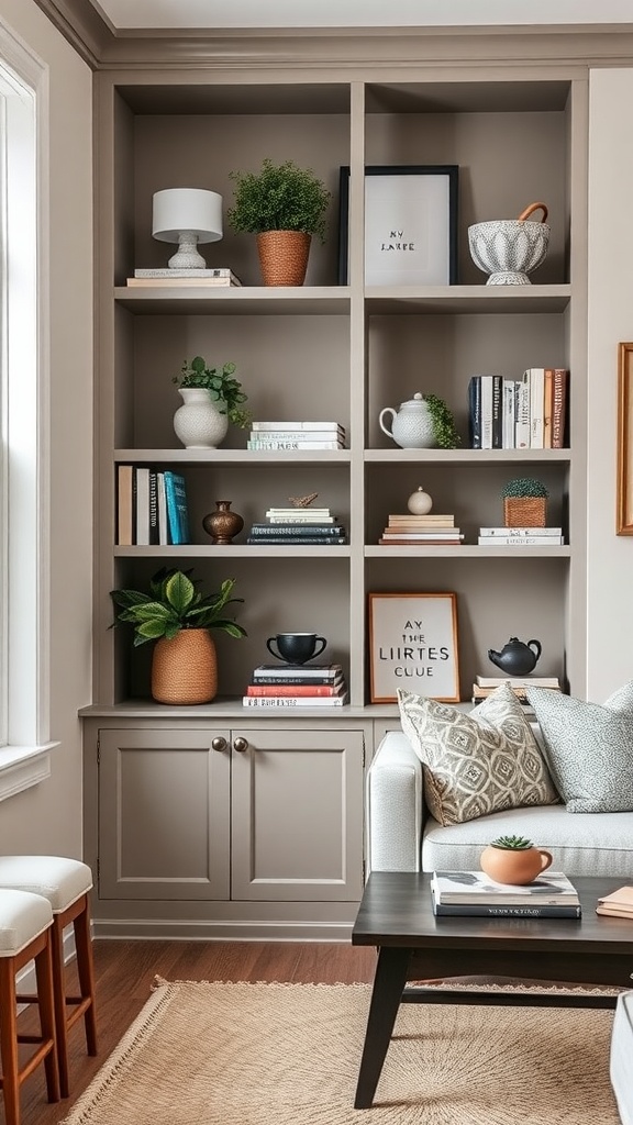 Open shelving with decorative touches in a farmhouse living room, showcasing books, plants, and stylish decor.