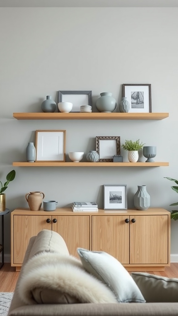 Open shelving with grey decor in a modern farmhouse living room.