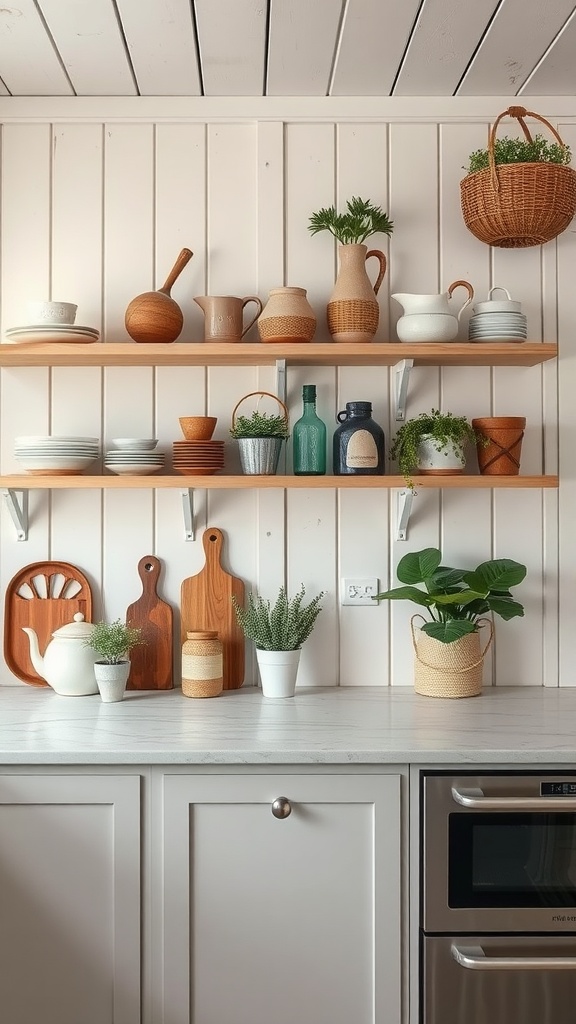 Open shelving with rustic accents in a farmhouse kitchen, featuring wooden shelves with pottery and plants