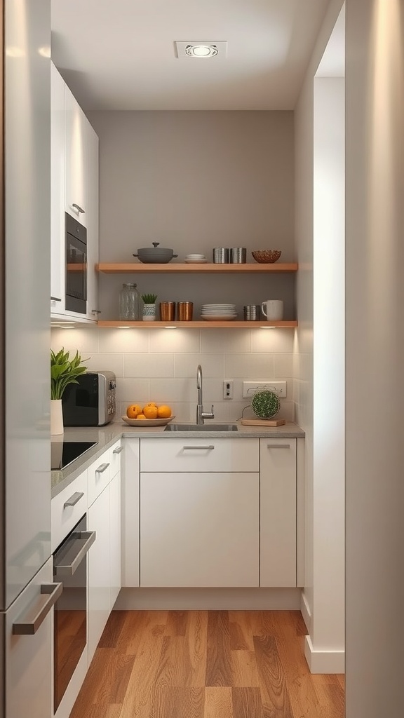 A compact kitchen featuring slimline appliances, light cabinetry, and wooden flooring.