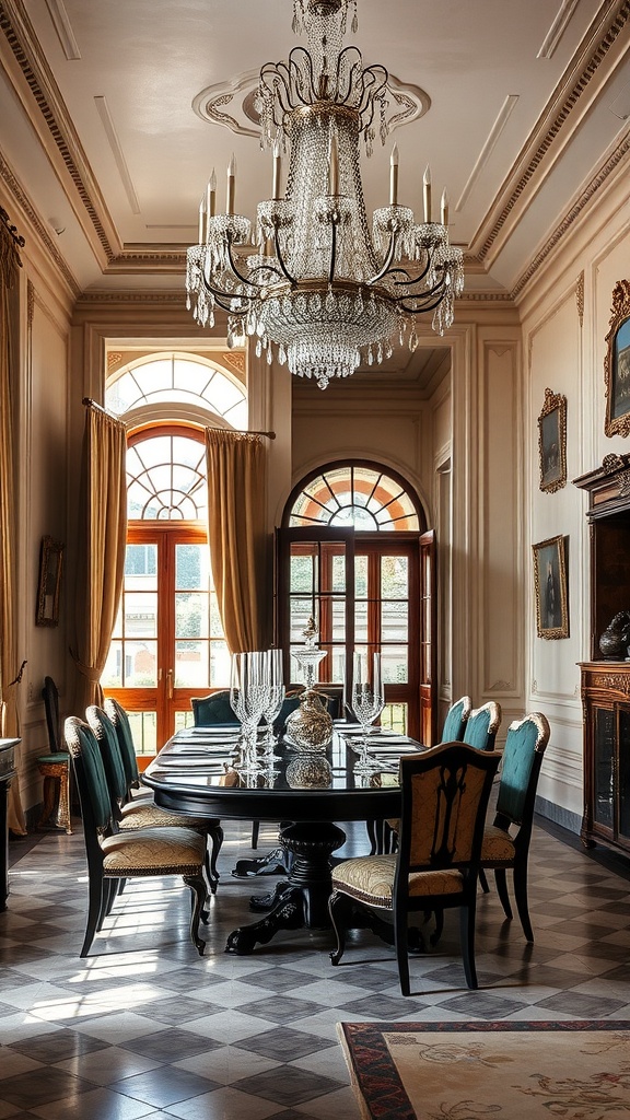 Luxurious Italian dining room featuring an opulent chandelier