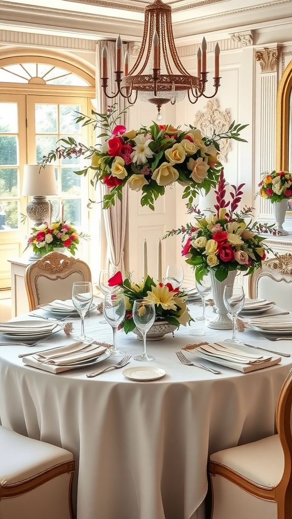 Luxurious dining room table setting with fine china and floral arrangements