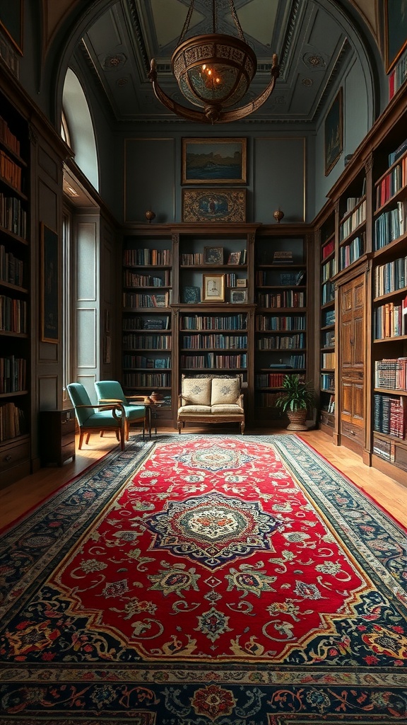 A cozy library featuring an intricate Oriental rug, bookshelves, and comfortable seating.